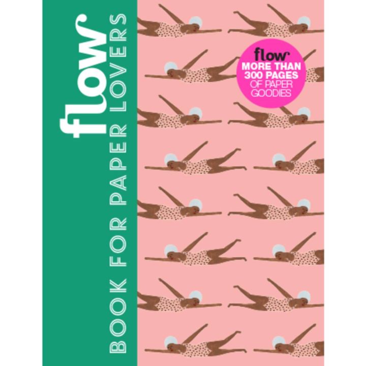Buchcover mit dem Titel "Flow Book for Paper Lovers", rosa Hintergrund mit schwimmenden Figuren, links grüner Streifen mit vertikaler Schrift. Enthält mehr als 300 Seiten mit Papierartikeln, hervorgehoben in pinkem Kreis.