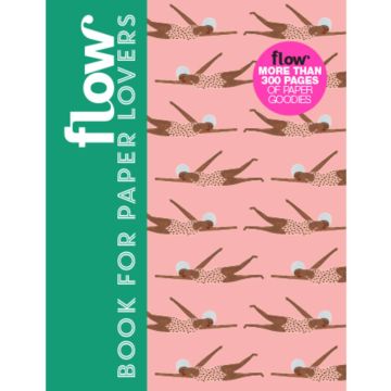 Buchcover mit dem Titel "Flow Book for Paper Lovers", rosa Hintergrund mit schwimmenden Figuren, links grüner Streifen mit vertikaler Schrift. Enthält mehr als 300 Seiten mit Papierartikeln, hervorgehoben in pinkem Kreis.