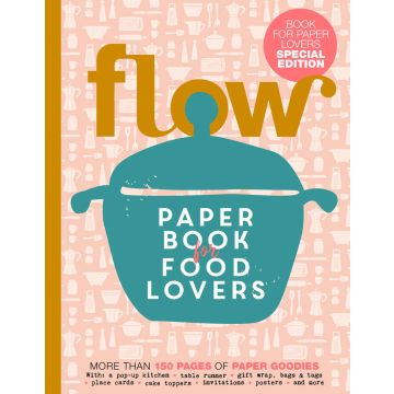 Cover der Zeitschrift „Flow – Paper Book for Food Lovers“, Special Edition für Papierliebhaber mit Illustrationen von Küchenutensilien; enthält über 150 Seiten Papierideen wie Tischläufer, Geschenkanhänger, Einladungen und Poster.