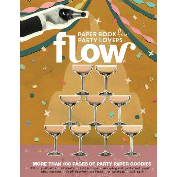 Titel "Flow Paper Book for Party Lovers" mit Illustrationen von Sektgläsern in Pyramidenform, Konfetti und Girlanden. Text informiert über mehr als 100 Seiten mit Party-Papierartikeln wie Postkarten, Stickern, Einladungen und Bastelprojekten.