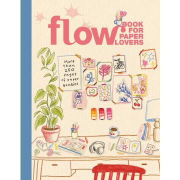 Buchcover „Flow – Book for Paper Lovers“ mit gezeichneter Schreibtischszene, Pflanzen, Bastelmaterialien, bunten Illustrationen an der Wand und Text: „More than 250 pages of paper goodies“; Produkt für Papierliebhaber:innen.