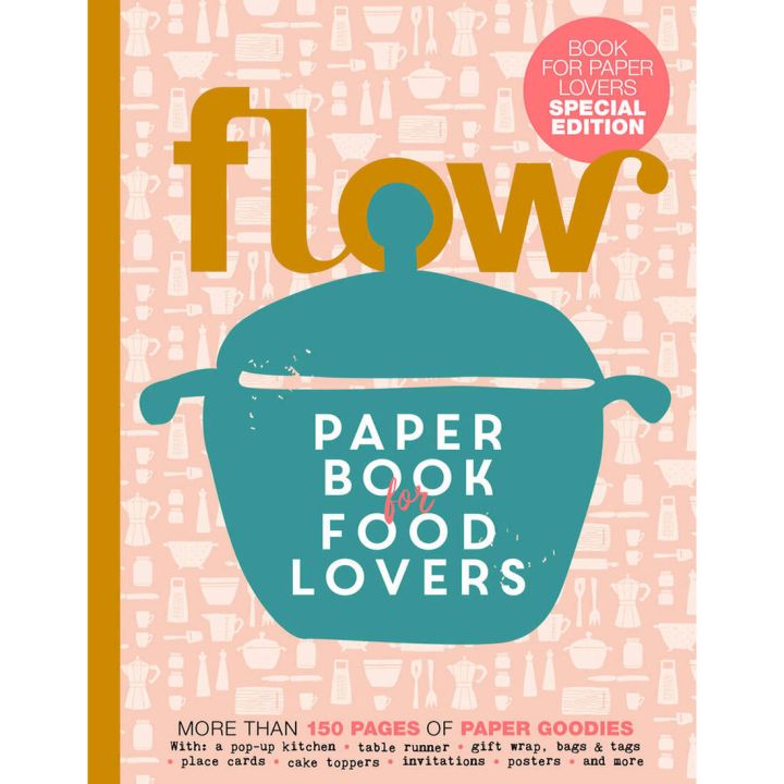 Cover der Zeitschrift &bdquo;Flow &ndash; Paper Book for Food Lovers&ldquo;, Special Edition f&uuml;r Papierliebhaber mit Illustrationen von K&uuml;chenutensilien; enth&auml;lt &uuml;ber 150 Seiten Papierideen wie Tischl&auml;ufer, Geschenkanh&auml;nger, Einladungen und Poster.