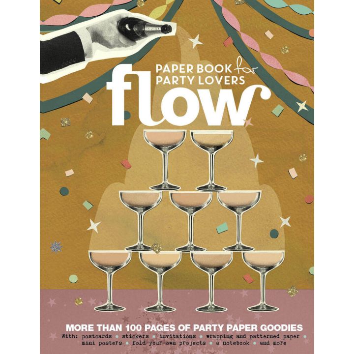 Titel "Flow Paper Book for Party Lovers" mit Illustrationen von Sektgl&auml;sern in Pyramidenform, Konfetti und Girlanden. Text informiert &uuml;ber mehr als 100 Seiten mit Party-Papierartikeln wie Postkarten, Stickern, Einladungen und Bastelprojekten.