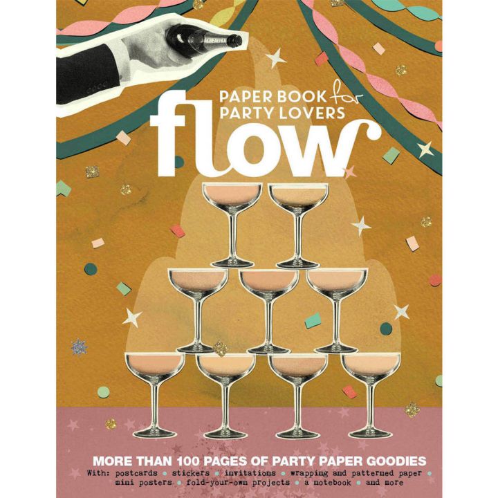 Titel "Flow Paper Book for Party Lovers" mit Illustrationen von Sektgl&auml;sern in Pyramidenform, Konfetti und Girlanden. Text informiert &uuml;ber mehr als 100 Seiten mit Party-Papierartikeln wie Postkarten, Stickern, Einladungen und Bastelprojekten.