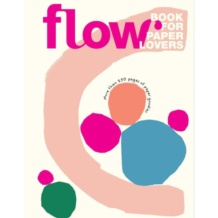 Titelbild des Produkts &bdquo;Flow Book for Paper Lovers&ldquo; mit bunten abstrakten Formen auf beigem Hintergrund, pinkem Titel &bdquo;flow&ldquo; und dem Hinweis &bdquo;mehr als 250 Seiten Papier-Goodies&ldquo; in schwarzer Schrift auf einer orangen Form.