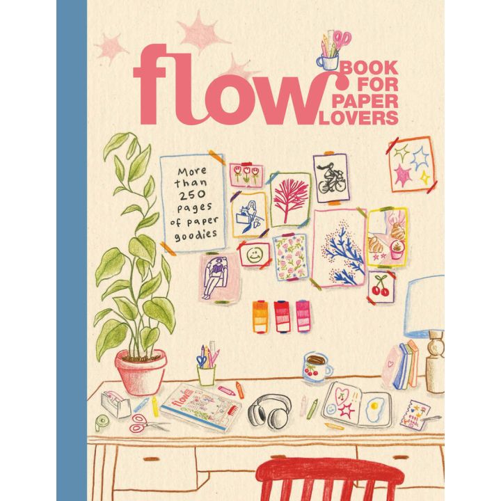 Buchcover &bdquo;Flow &ndash; Book for Paper Lovers&ldquo; mit gezeichneter Schreibtischszene, Pflanzen, Bastelmaterialien, bunten Illustrationen an der Wand und Text: &bdquo;More than 250 pages of paper goodies&ldquo;; Produkt f&uuml;r Papierliebhaber:innen.